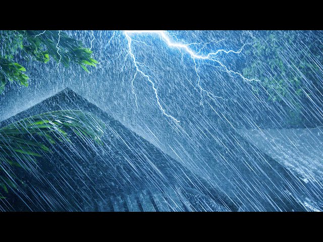 ALL YOU NEED TO SLEEP INSTANTLY 🎧 Heavy Hurricane Rain, Mighty Thunder u0026 Wind | Night Thunderstorm class=