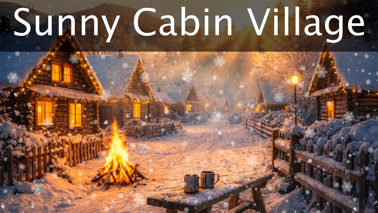 Cozy Log Cabin Village Morning | Campfire, Snowfall & Soft Winter Sun Ambience