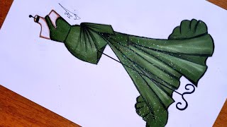 رسم فستان سهرة باللون الأخضر ? سهل جداً للمبتدئين| تعليم رسم الأزياء بالخطوات