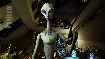 Alien presses the keys on sci-fi hologaphic screen. Realistic motion background.