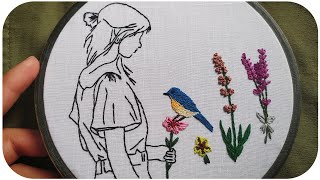 Girl and Flowers Embroidery pattern || Botanical elements embroidery || Embroidery for Beginners