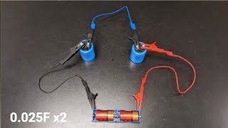 Capacitors in Series (0.025 Farads x2)
This video is one in a series of 6 videos which can be used to answer the following questions about combinations of capacitors.
Question #1: How does the potential difference across each capacitor in a parallel or series combination compare to the potential difference across the battery.
Question #2: How does the equivalent capacitance of a parallel or series combination of capacitors compare to the capacitance of a single resistor?
For each combination of capacitors the electric potential is measured at both sides of each capacitor, and a current versus time graph is shown while the combination of capacitors is discharged. The area under the current vs. time graph can be used to estimate the charge stored by the combination of capacitors which can be used to calculate the equivalent capacitance of the series or parallel combination of capacitors.
The other 5 videos are linked below which show data collected for capacitors with the same capacitance arranged either in series or in parallel.
Teachers: The first link below is a presentation file which student groups can use to record / discuss their answers to the questions above. Feel free to make a copy to use with your students.
Combinations of Capacitors (Student Analysis) Presentation: https://docs.google.com/presentation/d/1l-s3AbGQTa7JI18dekjlGI3sJpdHFtV8e2o_dX3hnZU/edit?usp=sharing
Capacitors in Parallel (0.1 Farads x2): https://youtu.be/vnfAKhJKEpE
Capacitors in Parallel (0.025 Farads x2): https://youtu.be/-ComIYtgkS4
Capacitors in Parallel (0.025 Farads x3): https://youtu.be/RB5D3EeCSJM
Capacitors in Series (0.1 Farads x2): https://youtu.be/ldmZi_ANfxo
Capacitors in Series (0.025 Farads x2): https://youtu.be/Q6_AztuCe3g
Capacitors in Series (0.025 Farads x3): https://youtu.be/7WFJWurPr2Q Capacitors in Series (0.025 Farads x2)
