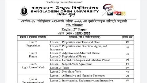 উন্মুক্ত এইচএসসি ২য় বর্ষ সিলেবাস ২০২২,Open University HSC 2022 Syllabus,BOU HSC exam 2022 syllabus
