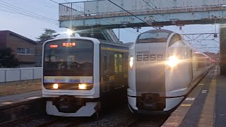 総武本線各駅停車千葉行とE259系特急しおさい号による、飯岡駅発着するシーン