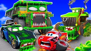 : Big & Small:McQueen and Mater vs BULL Bulldozer ZOMBIE SLIME Trailer cars in BeamNG.drive