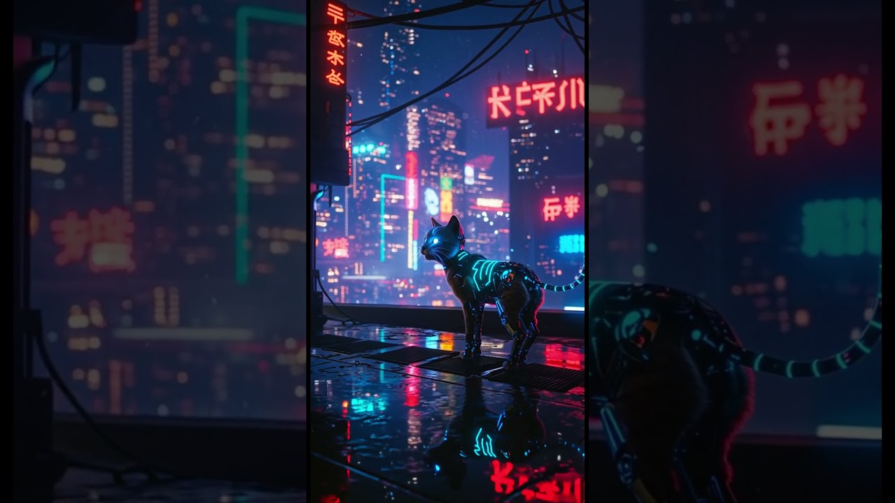 Cyberpunk Cat Watching the Neon City