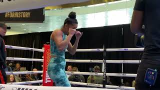 AMANDA SERRANO SHADOW BOXES LIKE A CHAMPION IN PREPARATION FOR HER MATCH AGAINST KATIE TAYLOR.