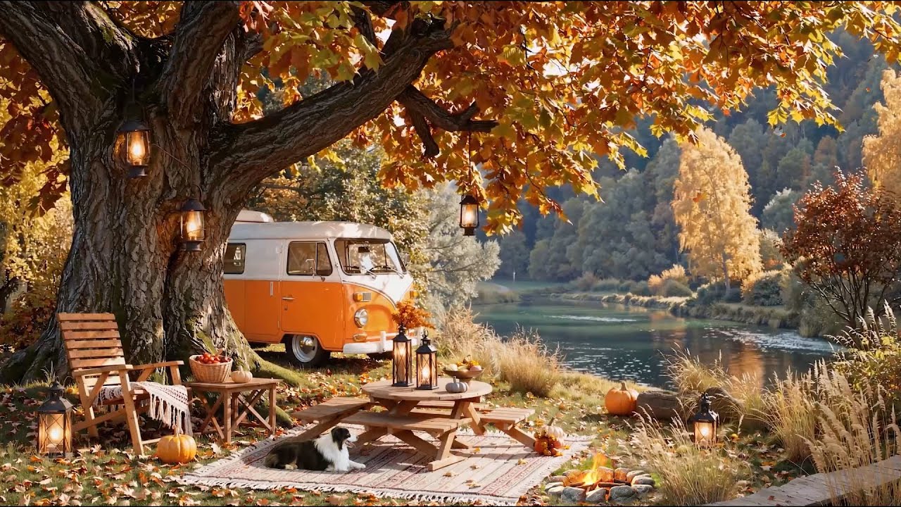 Beautiful Relaxing Hymns Fall Music – Cozy Autumn Camper Van by the Riverside with Fire & Dog