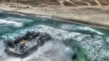 US Military Hovercraft LCAC & Assault Amphibious Vehicle Beach Landing Aerial View