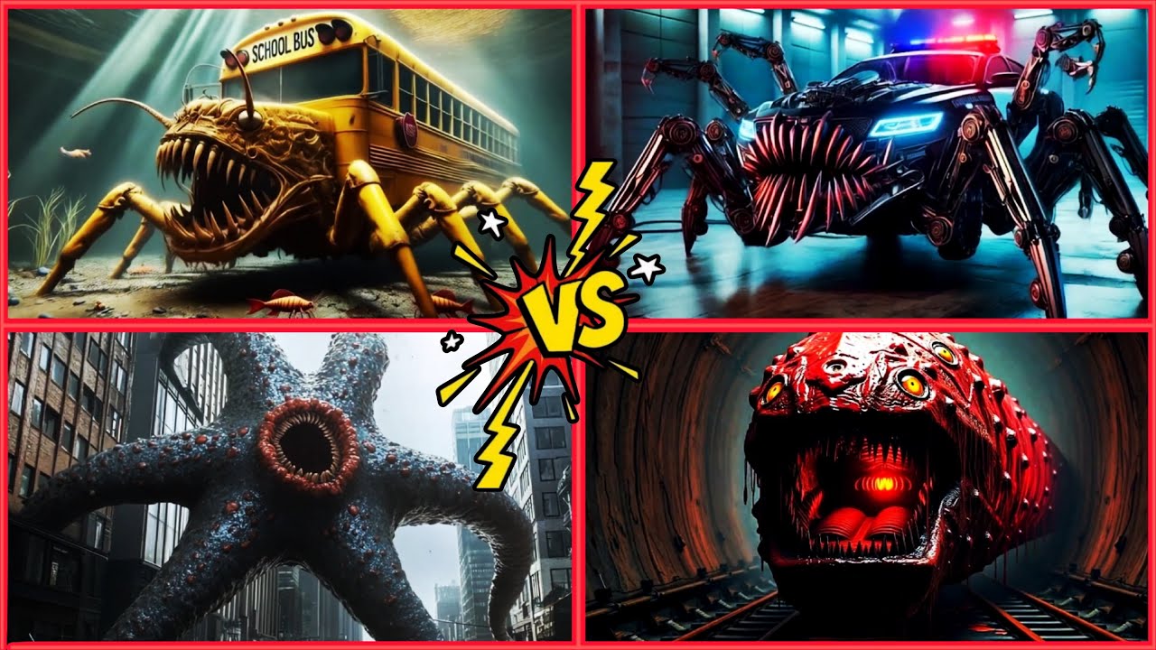 School Bus Monster 🆚 Police Car Monster 🆚 Hungry Star 🆚 Train Eater - Spinning wheel