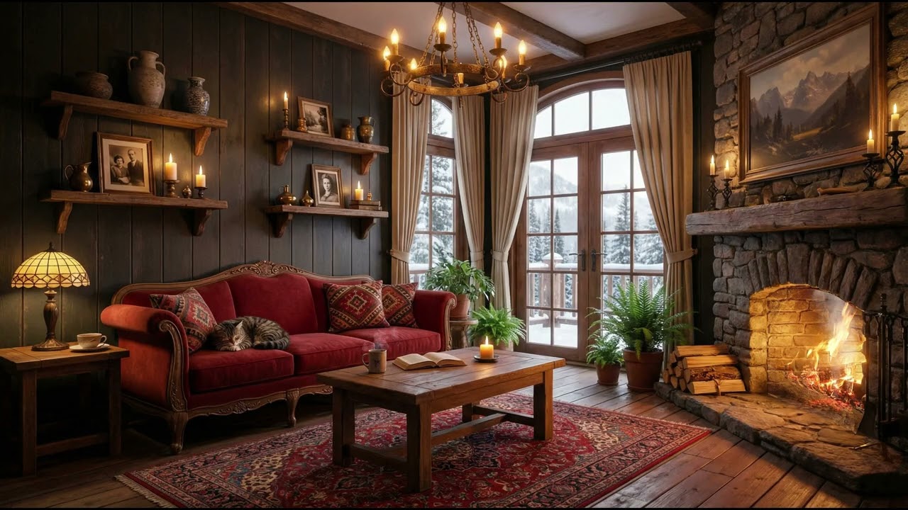 Cozy Cabin Vibes ❄️🔥 | Fireplace Crackling, Candlelight, Snow View, Ambient Warm Pads & Piano (4K)