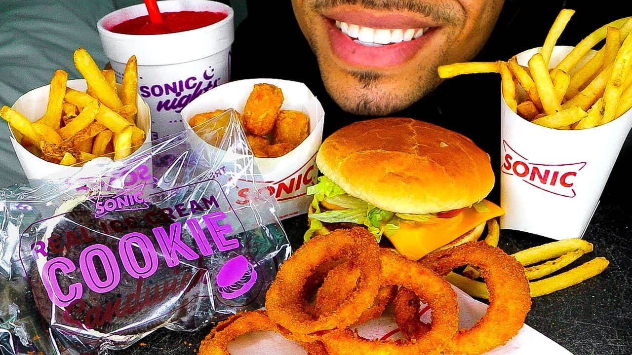 ASMR SONIC DRIVE IN OREO ICE CREAM SANDWICH CHEESEBURGER TOTS ONION