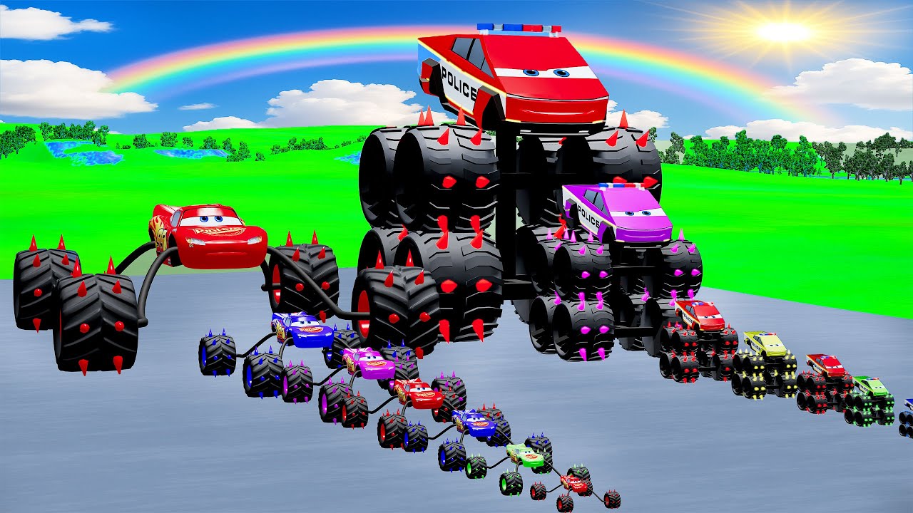 Big & Small Police Cybertruck Lightning McQueen vs Spider McQ Giant Wheels vs Trains | BeamNG.Drive