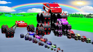 Big \& Small Police Cybertruck Lightning McQueen vs Spider McQ Giant Wheels vs Trains | BeamNG.Drive