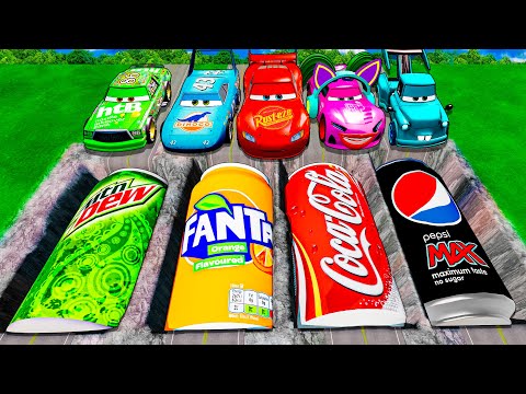 Mega Soda Pits, Cola, Fanta, Pepsi vs  Big & Small Lightning McQueen &  Pixa Cars! BeamNG Drive!