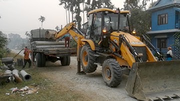 JCB Backhoe Loader Unloading Culvert Pipe From LowBed Truck - JCB And LOWBED TRUCK -P2 - EarthPlanet