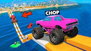 GTA 5 CHOP AND FROSTY PARKOUR WITH MONSTER MAYHEM TRUCKS