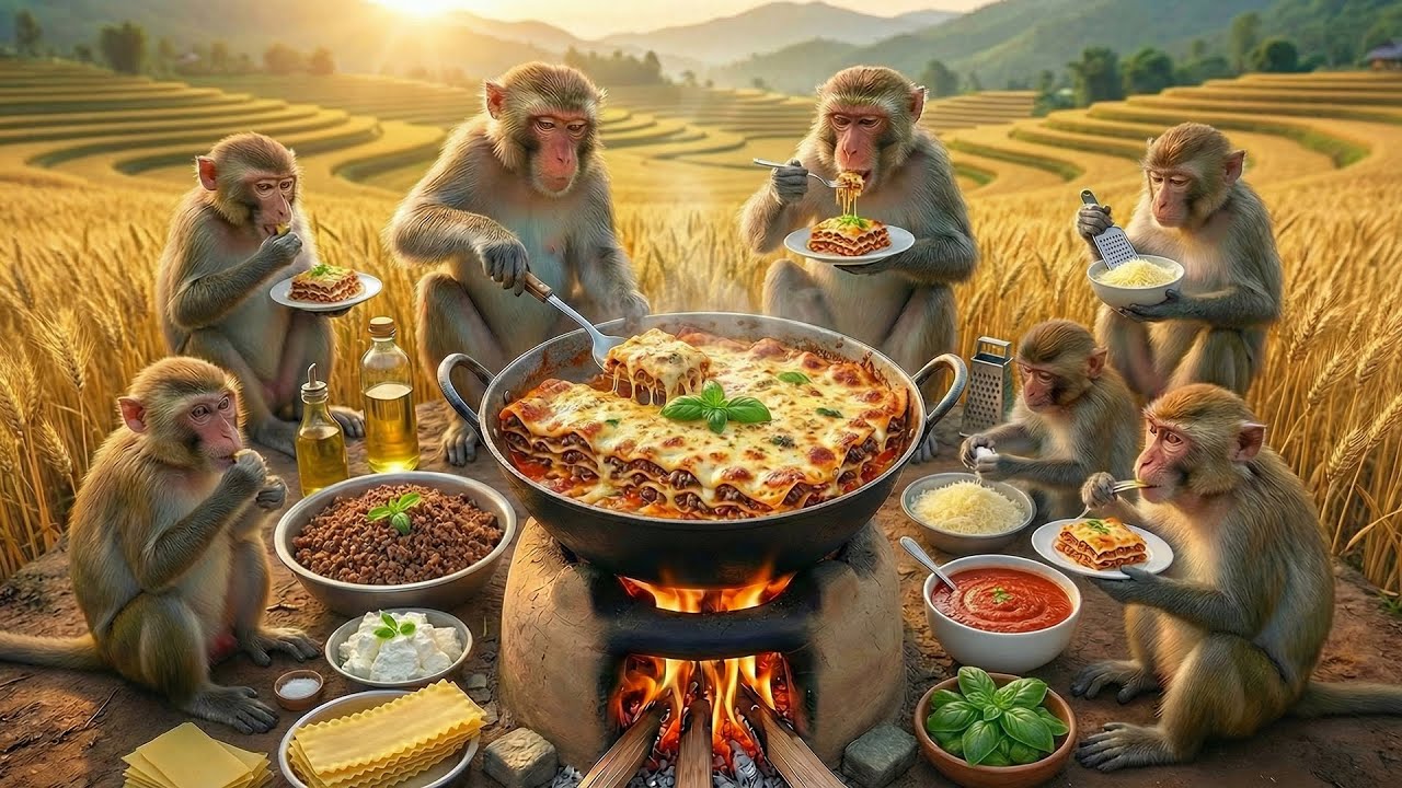बंदरों ने मिलकर लज़ान्या पकाया। 🤯🍝 | Wild Monkeys Cooking Giant Lasagna on the Farm 🤯🍝