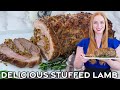 Garlic & Pistachio Roasted Stuffed Leg of Lamb with Mint & Apricots