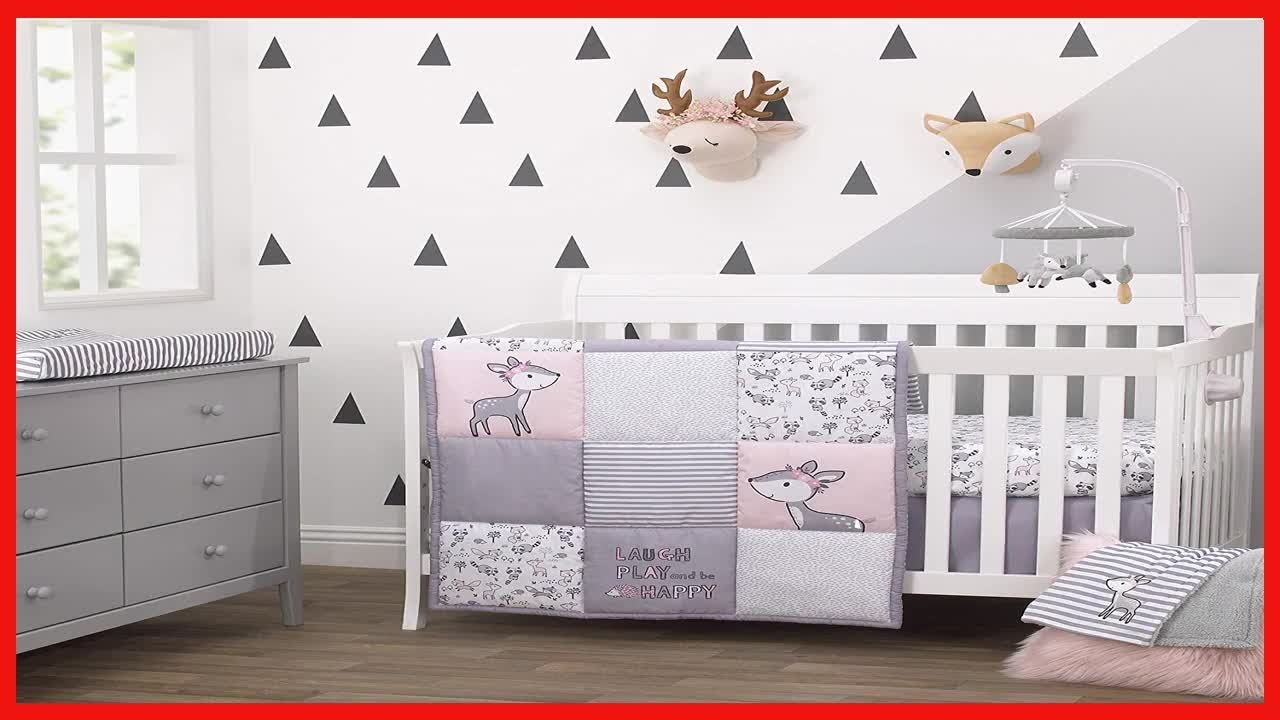 Little Love By Nojo Sweet Deer, Grey, Pink, White 3Piece Nursery Crib Bedding Set With Comforter,