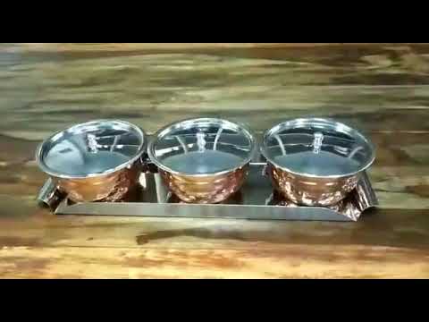 Copper Hammered Serving Bowl Set with SS Lid and Tray Miska