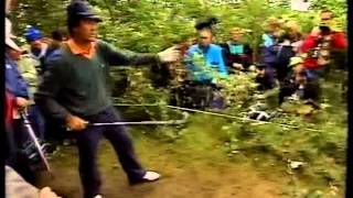 Seve 'two hats' Ballesteros having fun in the bushes.1991.The Open.Royal Birkdale.