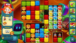 Toy Blast Level 587 obstacles: 2 red guys,19 glass jars, and 16 orange glowing pumpkins