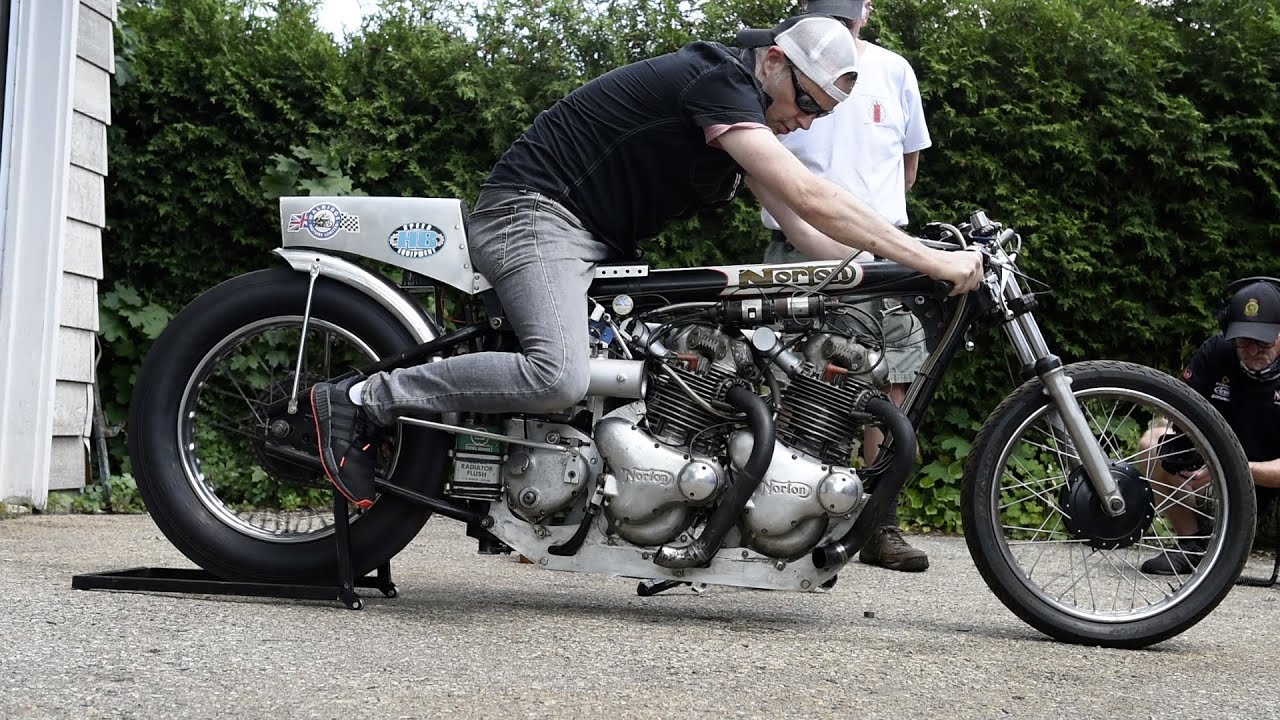 Firing up Double Norton Supercharged Drag bike 'Double H' built by Herb