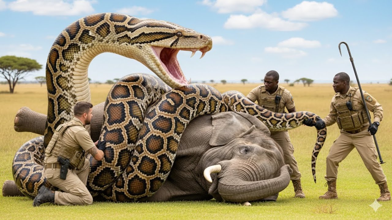 Wildlife Rescue Team confronts giant python to save elephant - YouTube