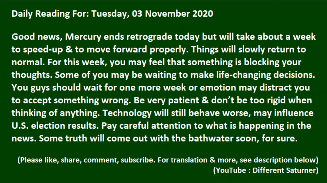 Daily Reading For: Tuesday, 03 November 2020 (Mercury ends retrograde) - YouTube
