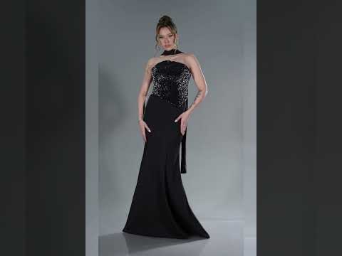 Siyah Asimetrik Kesim Üstü Payet Uzun Balık Abiye ABU5924