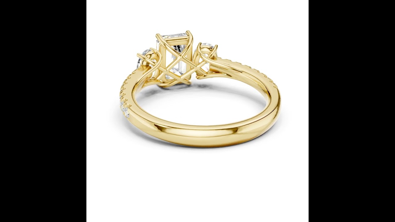 Emerald Cut Three Stone Diamond Engagement Ring with Pave Band