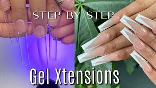 STEP BY STEP Process for applying Gel X/Gel Extension nails and V French Tip Design