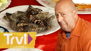 Eating Fried Snake Skin \u0026 Beating Snake Heart | Bizarre Foods with Andrew Zimmern | Travel Channel