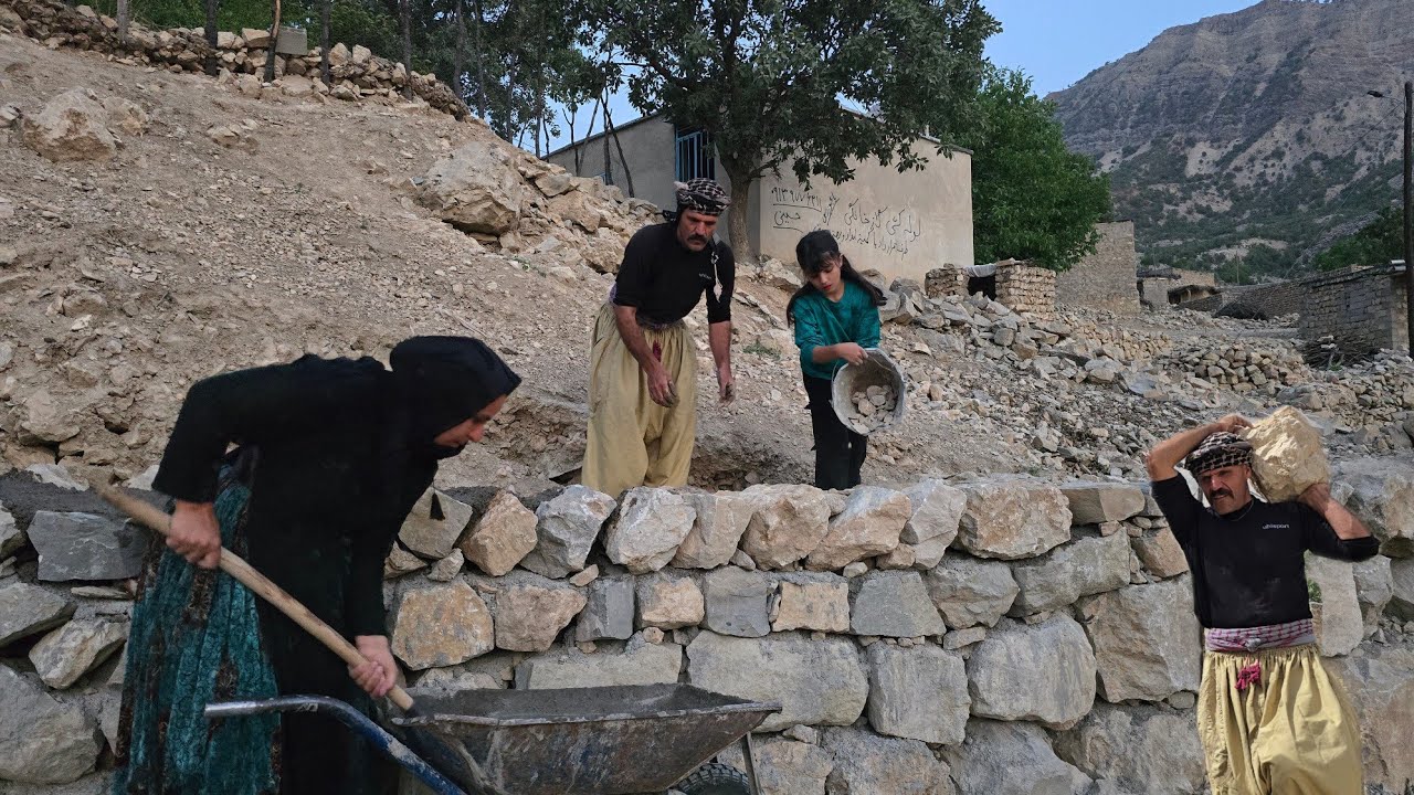 Village Life in Iran: Building a Stone Wall with Cement – A Family Effort