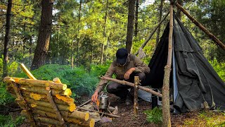 2 days solo bushcraft camping, handmade camping stove, canvas tent