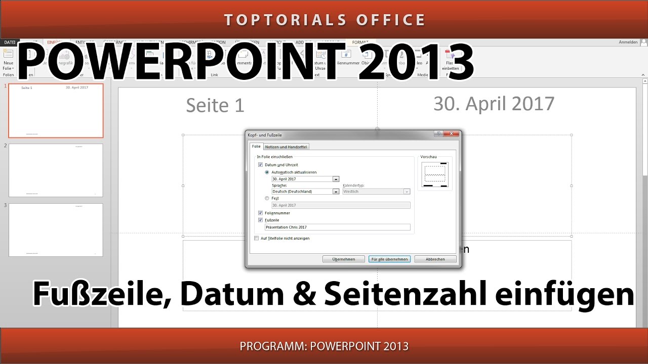 Powerpoint Fusszeile Seitenzahl Und Datum Einfugen Youtube