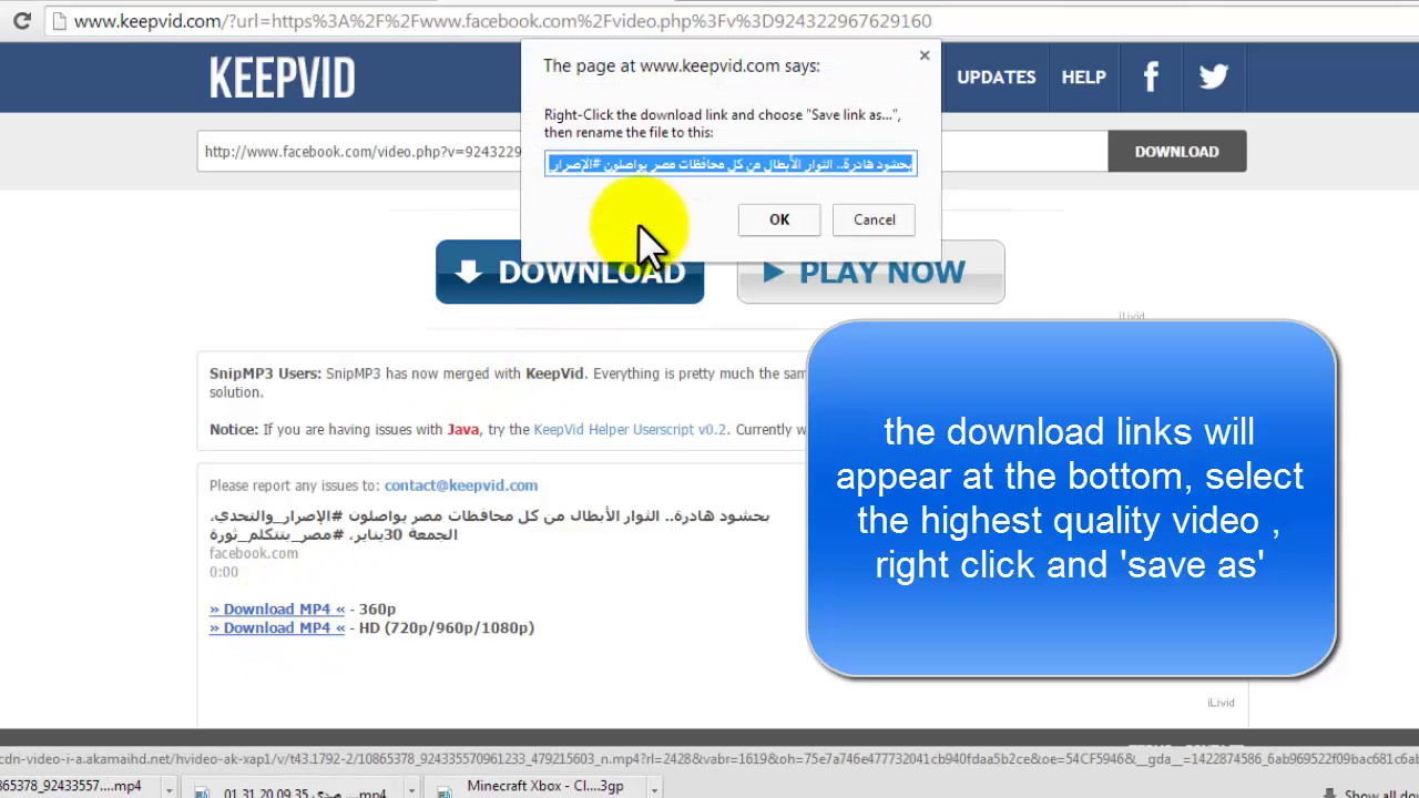 Downloading a facebook video using keepvid YouTube