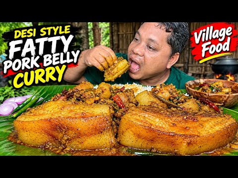 MUKBANG : Desi Style Spicy Fatty Pork Curry | Village Food | With White Rice 🔥🤤