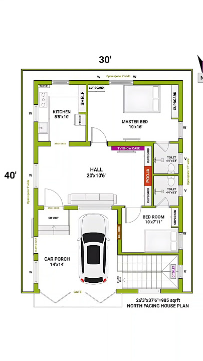 30x40 house plan | 30x40 house plan with car parking | 30x40 north facing house plans