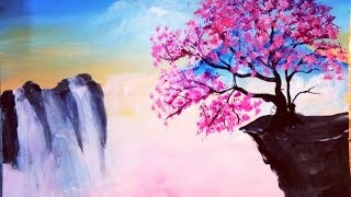 Beginner Cherry Tree waterfall Acrylic Painting Tutorial