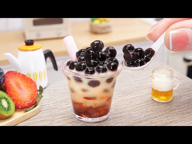 Homemade Miniature Boba Tea with Tapioca Pearl | Sweet Bubble Tea Recipe by 'Miniature Cooking' class=