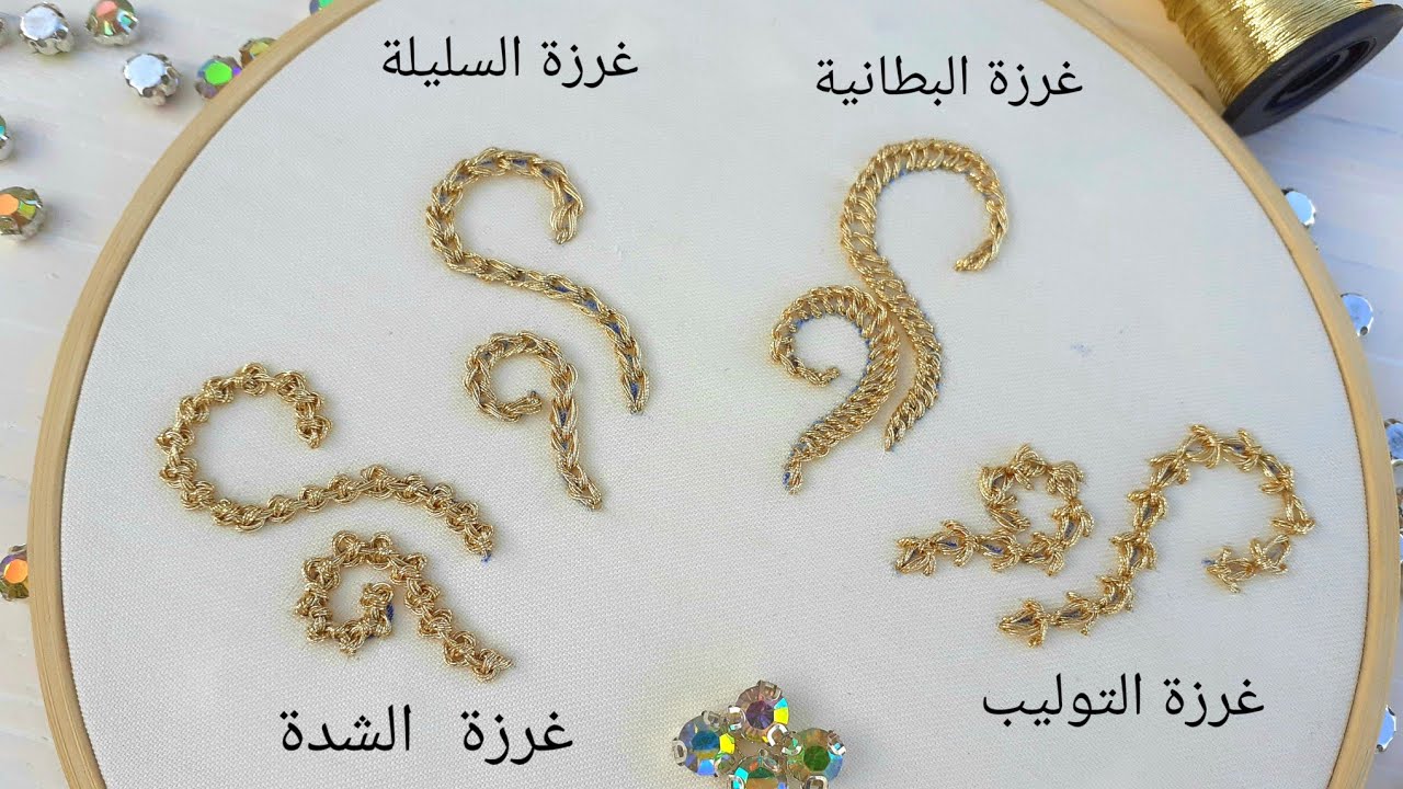 اهم الغرز في التطريز المغربي/القفطان المغربي/غرزة الشدة/غرزة السلسلة/غرزة البطانية/غروة الوليب