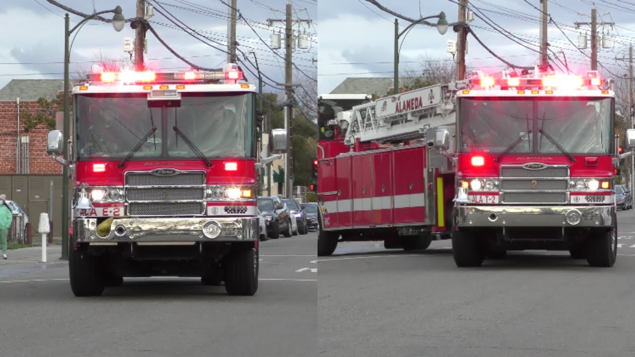Alameda Fire Dept. Engine 2 + Truck 2 Responding - CODE 3
