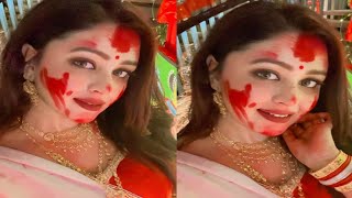 Ritabhari Pujo Celebration With Ishaa Saha Tollywood Actress Ritabhari Chakraborty In Red Saree Hot