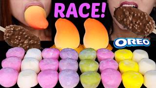 ASMR RAINBOW MOCHI ICE CREAM RACE! Viral mango fruit ice cream *soft and sticky* 먹방 screenshot 3