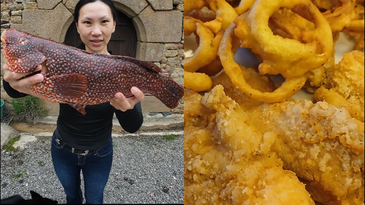 Nuggets de vieille et rondelles d'oignons frites