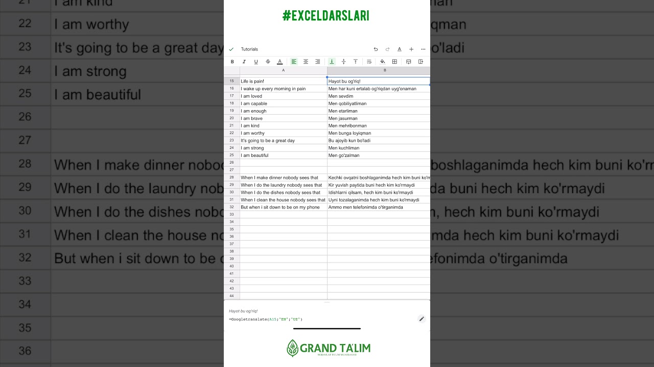 Ingliz tilini rivojlantirish uchun Google Sheets da zo’r funksiyadan foydalanaman - Excel darslari