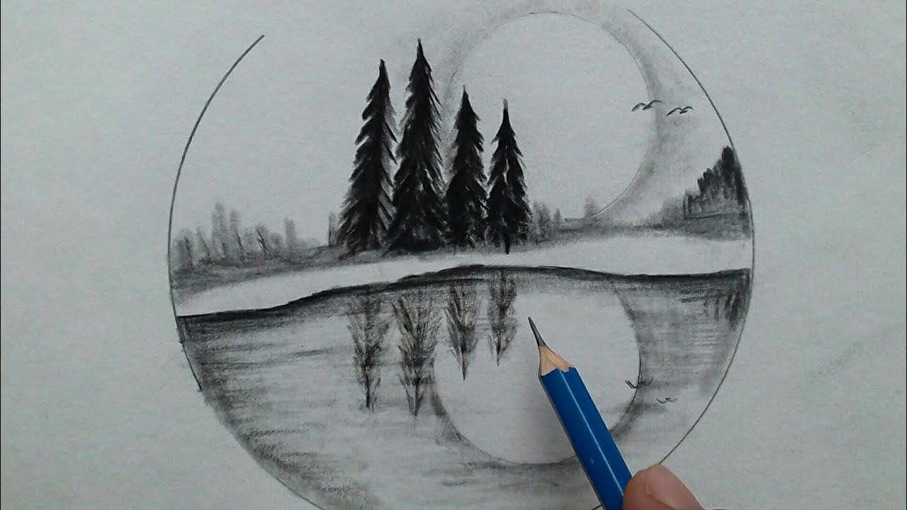 How to draw easy scenery for reflecting moon / pencil drawing step by ...
