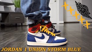 jordan 1 union storm blue on feet